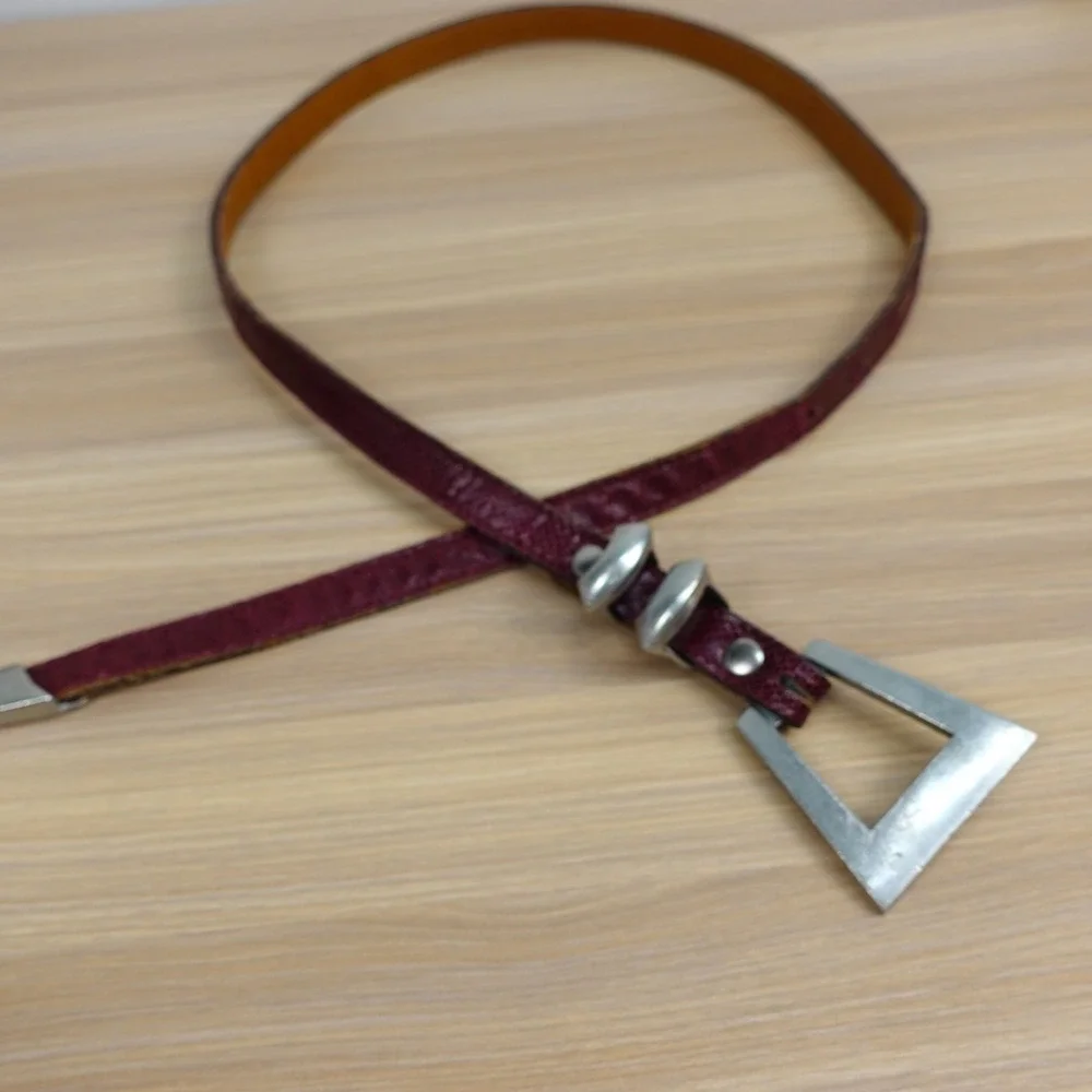 Women’s Burgundy Leather Slim Belt with Geometric Silver Buckle